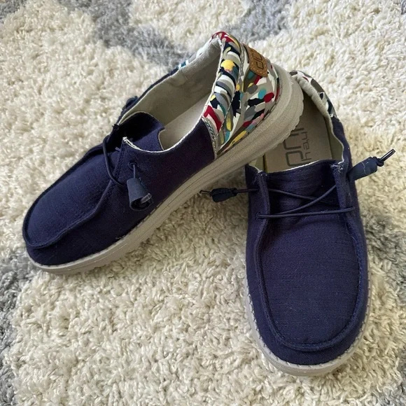 Hey Dude WOMENS Blue Loafers with Colorful Accents - Picture 1 of 5